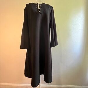 Julian Taylor black dress w/bell sleeves, embellished w/gold studs at neckline.